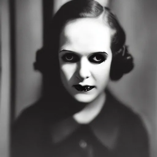 Prompt: a haunting portrait of a demon, headshot, stage lighting, kodak eastman double x 5 2 2 2 film stock, panavision millennium xl 2, 1 9 3 0 s -'4 0 s baltar lenses, vivid colours