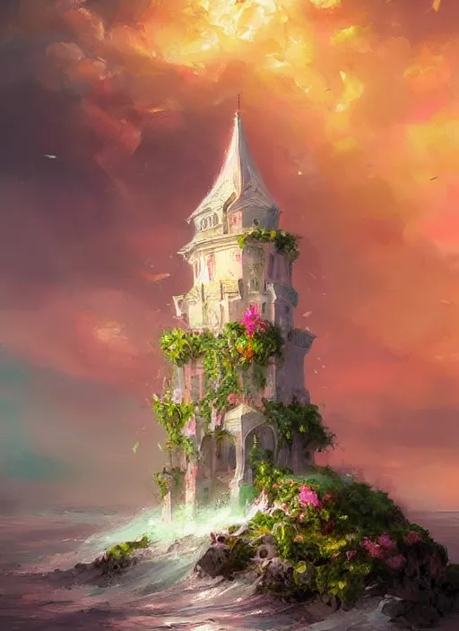 Image similar to a delicate ornate white fantasy tower with pink and green decoration splashes upwards from a turbulent ocean, dramatic lighting, rich colors, beautiful oil painting, artstation