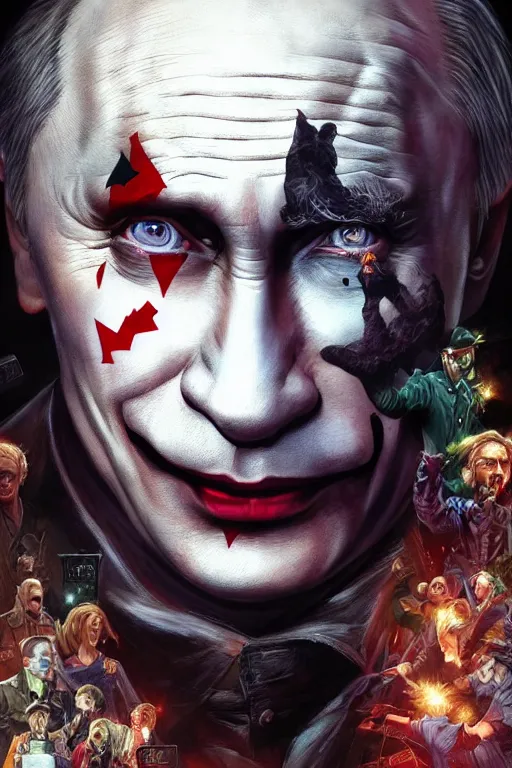 Image similar to vladimir putin as a joker, realistic, high definition, 4 k, shimmering color, hyper detailed, art of greg rutkowski and magali villeneuve and artgerm