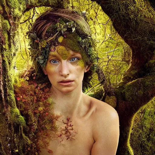 Image similar to beautiful portrait of a forest dryad, her skin made of moss, flowers growing from her head, golden sunlight, extremely detailed, hyperrealistic, photo by annie leibovitz, masterpiece, award-winning