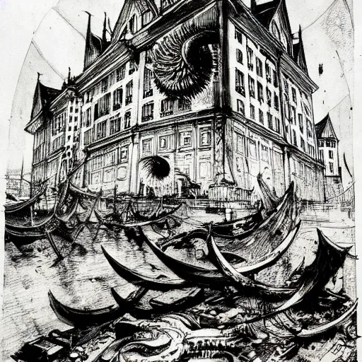 Image similar to the alchemical art of etching by master anders zorn. a lovecraftian horror destroying a city. ink highly detailed lines