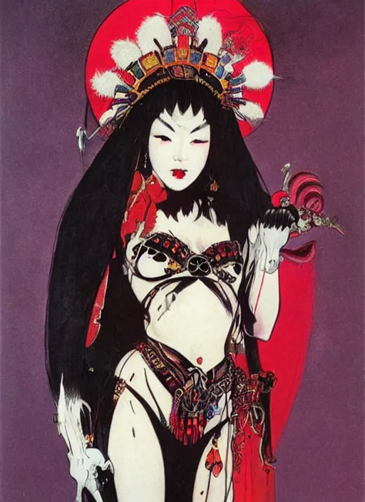 Image similar to female korean vampiress, jeweled headdress, heavy mascara, strong line, saturated color, beautiful! coherent! by frank frazetta, high contrast, minimalism