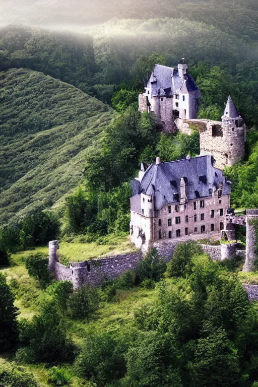 Image similar to castle on a farm, mountain, high definition