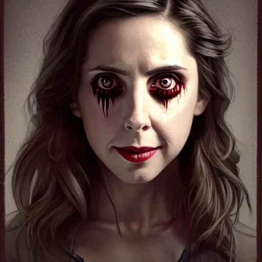 Prompt: gorgeous female Alison Brie, horror movie slasher, slasher movie, realistic character concept, violent pose, creepy smile, shorter neck, illustration, symmetrical face and body, realistic eyes, cinematic lighting, hyperdetailed, detailed realistic symmetrical eyes, face by artgerm, symmetrical nose, Tom Bagshaw, single face, insanely detailed and intricate, beautiful, elegant, dark living room background