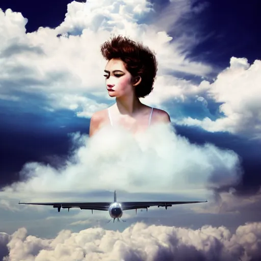 Image similar to goddess wearing a cloud fashion on the clouds, photoshop, colossal, creative, giant, digital art, photo manipulation, clouds, sky view from the airplane window, covered in clouds, girl clouds, on clouds, covered by clouds, a plane