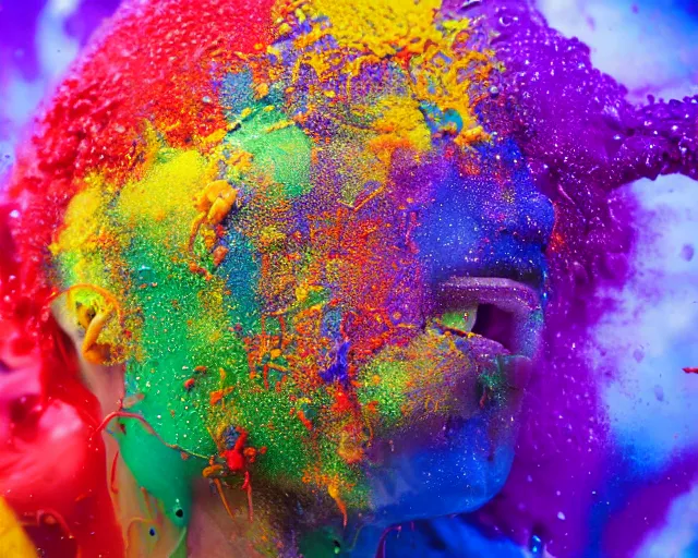 Prompt: still shot close up footage of a human head explodes and disintegrates into a huge mass of coloured powder and splashing paint, motion blur, hyperrealistic, medical, intricate art photography, anatomically correct, realistic crisp textures, 1 6 k