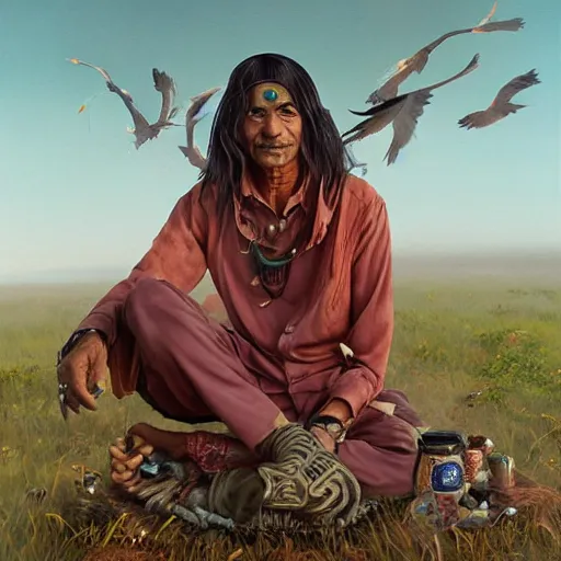 Image similar to n elderly indian don juan is sitting in a field with peyote and smoking a pipe, a raven walks next to him, by miho hirano, ross tran and ilya kuvshinov, realistic, detailed, beautiful fantasy detailed trending on artstation, oil painting, dramatic lighting, eterea, high quality print, fine art with subtle redshift rendering