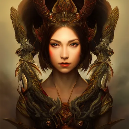Prompt: stunning portrait painting of a dragon goddess, in the style of WLOP, 8k masterpiece, cinematic lighting, pristine clean design, fantasy, insanely detailed, atmospheric,