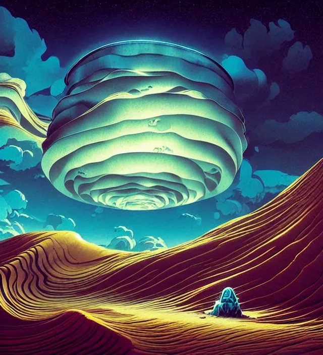 Prompt: a calico 🌊 swirling in the sky above a barren 🏜 by ivan shishkin and zacharias aagaard and simon stalenhag and dan mumford and josan gonzalez, surrealism, chiaroscuro, hyper detailed, high saturation, retrowave