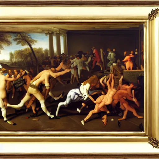 Prompt: painting of Newyork stock exchange trading floor bearish mood people fighting each other by George Stubbs, renaissance painting, oil painting, old master