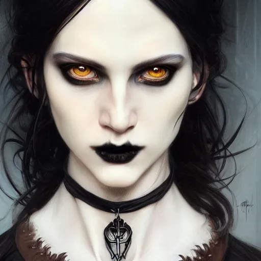 Image similar to portrait painting of an androgynous witch with shoulder length flowing black hair pale skin and beautiful dark brown eyes wearing goth clothes, ultra realistic, concept art, intricate details, eerie, highly detailed, photorealistic, octane render, 8 k, unreal engine. art by artgerm and greg rutkowski and alphonse mucha