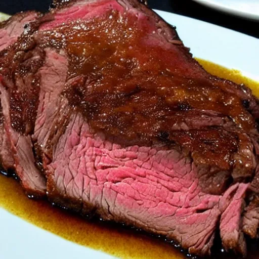 Image similar to chuck roast norris, food photo of chuck norris face carved into chuck roast