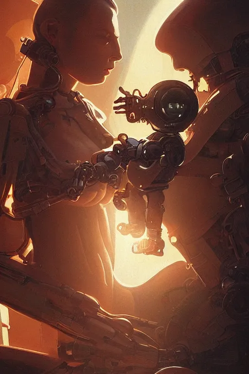 Prompt: a close-up portrait of a mechanical spawn robot mother with her human baby, dramatic backlighting, maternity feeling, golden hour, autochrome, high contrast, highly detailed, sharp focus, digital painting, concept art, illustration, cyberpunk, solarpunk, trending on artstation, art by greg rutkowski and greg hildebrandt, composition by alphonse mucha