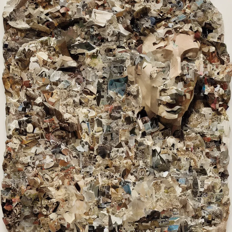 Prompt: The mind is a collage creating itself from cut-up scraps. It is a sculpture built by a flowing fountain of sand, both constantly being eroded and being formed