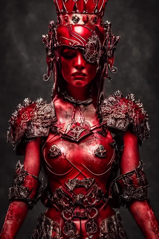 Image similar to the blood crown queen wear the scarlet armor, cinematic lighting, various refining methods, micro macro autofocus, ultra definition, award winning photo