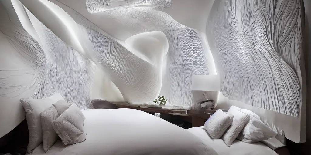 Prompt: a cozy bedroom decorated by Zaha Hadid, detailed, high resolution, wow!, intricate