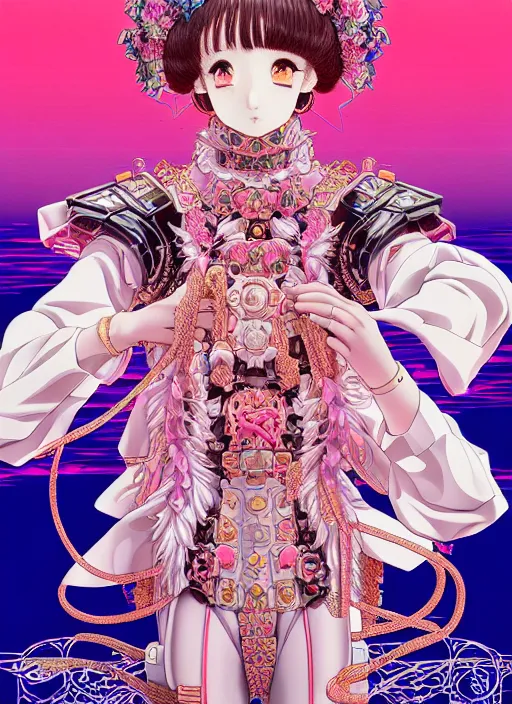 Prompt: highly detailed artstation vaporwave katsuhiro otomo fluorescent fantastic fate manga poster of princess mechine, minaba hideo,, long hair, armor, laces, ruffles, 8 k, maximalist, art nouveau,