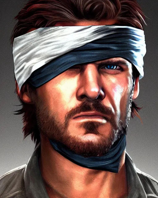 Image similar to solid snake wearing bandana on head portrait, cinematic lighting, backlit face, tired expression, close - up, black atmospheric background, 4 k ultra detailed digital photoshop painting, best of artstation hdr, official artwork hdr