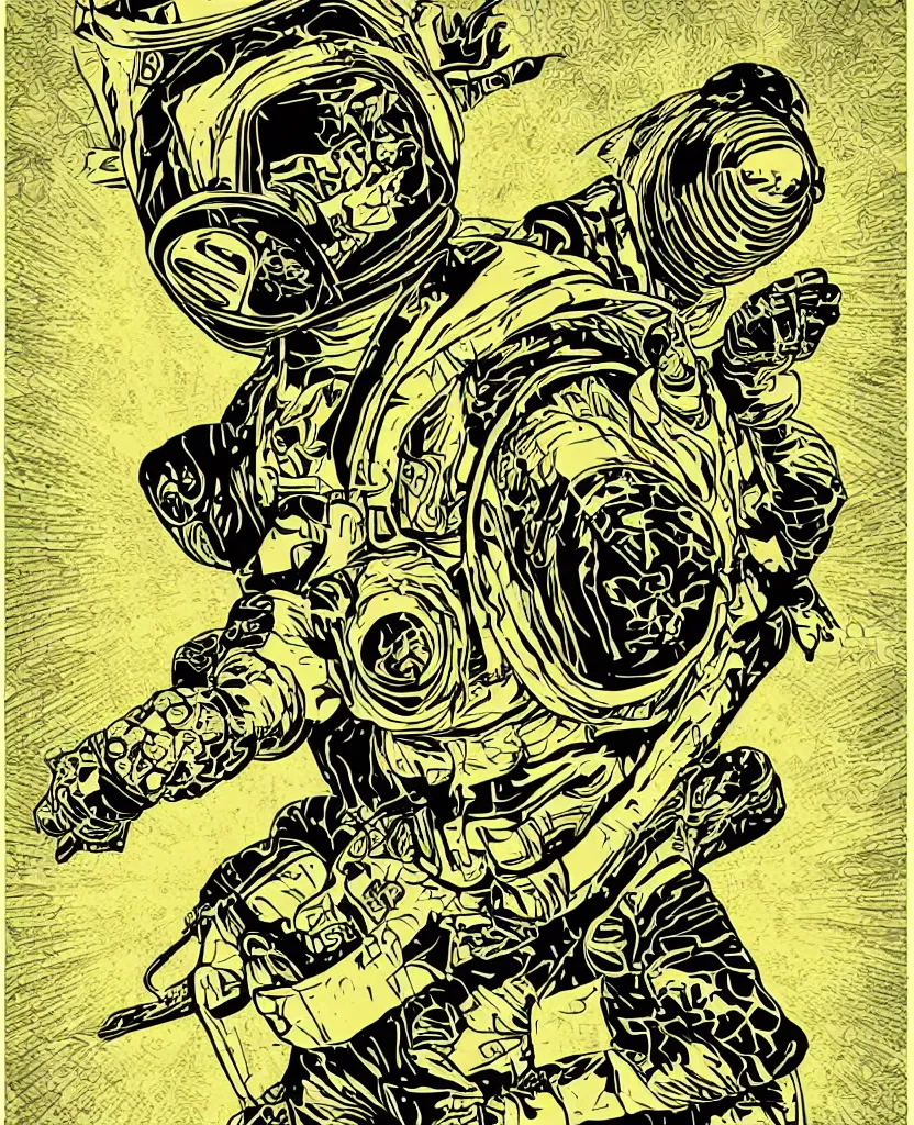 Prompt: turtle ninja astronaut!! on the path to his techno drone spaceship!! art nouveau vector graphic poster!, grunge retro,