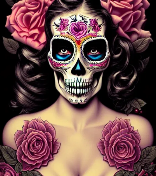 Prompt: a gorgeous fancy skull lady by dan mumford and gil elvgren, sugar skull, hyperrealism, intricate details, exceptional beauty, fool, vector art, attractive, striking, lovely