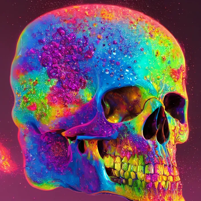 Prompt: illustration of a colorfull melting human skull. flowers and blossoms, ferrofluids, burning water distortions. intricate abstract. intricate artwork. by Tooth Wu, wlop, beeple, dan mumford. octane render, trending on artstation, greg rutkowski very coherent symmetrical artwork. cinematic, hyper realism, high detail, octane render, 8k, depth of field, bokeh. iridescent accents
