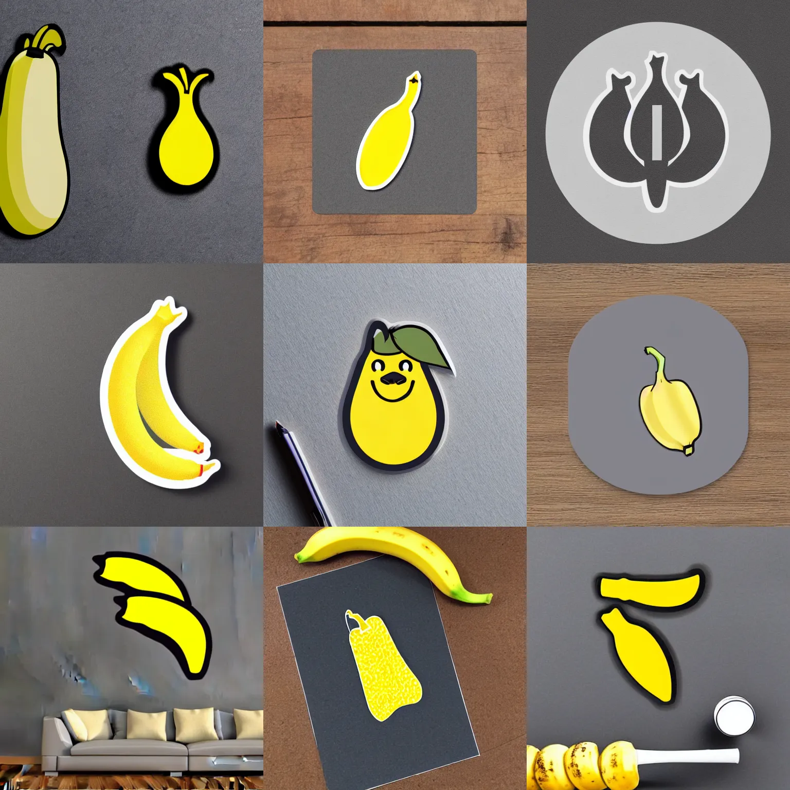 Prompt: catroon die cut sticker of a banana with white border on gray background