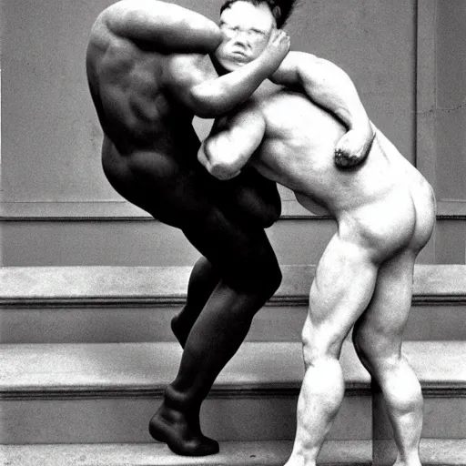 Prompt: conan o'brien and andy richter wrestling, by rodin, marble