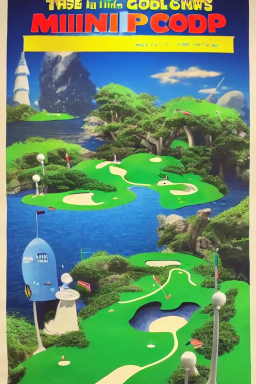 Prompt: poster for mini golf course in a museum, miyazaki movie