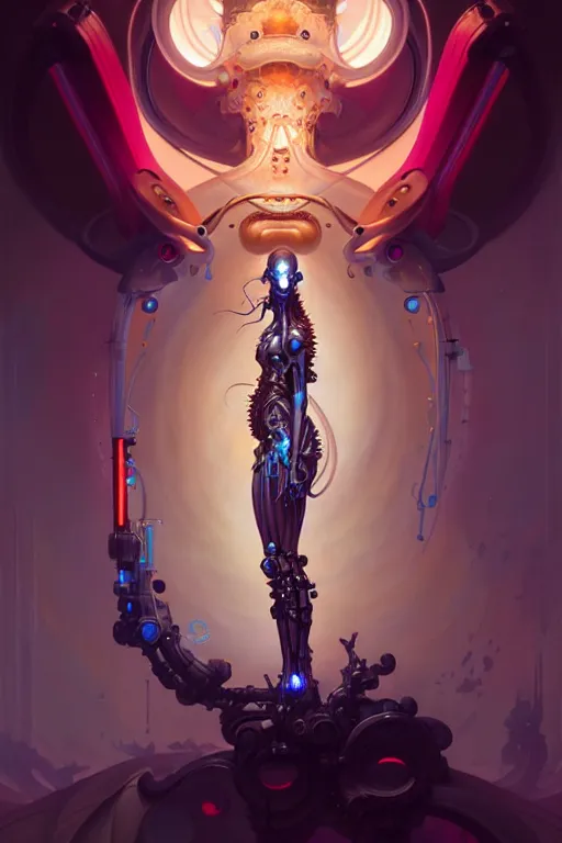 Prompt: portrait, biomechanical bioluminescent creature, cyberpunk, elegant baroque, asymmetrical art, hyperrealism, colorful, vivid, imposing, epic, digital painting, artstation, concept art, by peter mohrbacher and wlop and rhads and artgerm and magali villeneuve and alphonse mucha