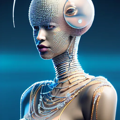 Image similar to portrait of an absurdly beautiful, graceful, sophisticated, fashionable african cyberpunk mechanoid gravure idol, hyperdetailed illustration by irakli nadar, adut akech, matt wisniewski style, intricate linework, white porcelain skin, jellyfish headdress, crystal ruff, unreal engine 5 highly rendered, global illumination, red light, detailed and intricate environment