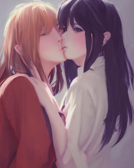 prompthunt: portrait of two girls kissing, anime, drawn by WLOP, trending  on Artstation