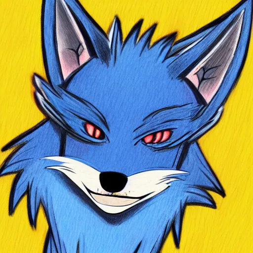 Image similar to high quality anime style colored pencil sketch portrait of an anthro furry fursona blue fox wearing a hoodie, handsome eyes, sketch doodles surrounding it, notebook sketch