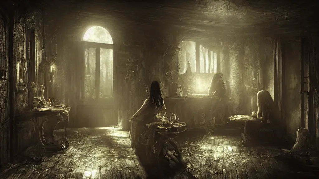 Image similar to a witch sitting in the shadows on the inside of a dark cottage at night, moonlight through windows, highly detailed interior, by Bastien LeCouffe-Deharme, hyperrealistic, Cryengine 8k UHD