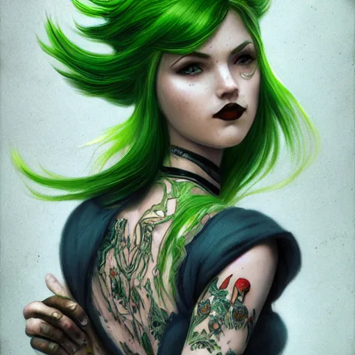 Image similar to green hair tattooed pinup hannah murray, rogue bard, feathers, baldurs gate, diablo, dnd, deep focus, turnaround, fantasy, intricate, elegant, highly detailed, digital painting, artstation, concept art, matte, sharp focus, illustration, hearthstone, art by artgerm and greg rutkowski and alphonse mucha.