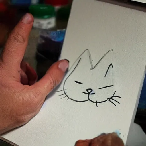 Image similar to An artist cries while painting a simple drawing of a cat