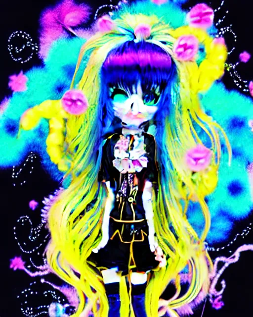 Image similar to neo tokyo japanese anime kawaii decora hologram of rimuru tempest, sky blue hair, golden yellow eyes, wearing black stylish clothing, holography, irridescent, baroque visual kei glitch art, a detailed pencil portrait with watercolor of a beautiful monster high doll, by sabrina eras, alice x. zhang, agnes cecile, blanca alvarez