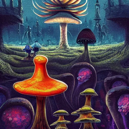 Prompt: A centered waist up portrait of a scary psychedelic godlike anthropomorphic frog smoking tobacco , magic mushroom village in background . award winning. superb resolution. in the art style of junji Ito and greg rutkowski . Detailed Mushroom city in background. Hyper realistic anime. Perfect art. Dalle2