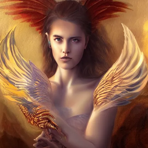 Image similar to a beaufitul painting of a young woman with dragon wings and with dragon scales on her skin, concept art, atmospheric, photo realistic, magical atmosphere