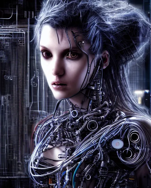 Image similar to portrait photo of an aesthetic biomechanical cyborg plugged into a quantum computer with cables and wires and optic fibers. cyberpunk horror style. art by luis royo. highly detailed 8 k. intricate. nikon d 8 5 0 5 5 mm. award winning photography.