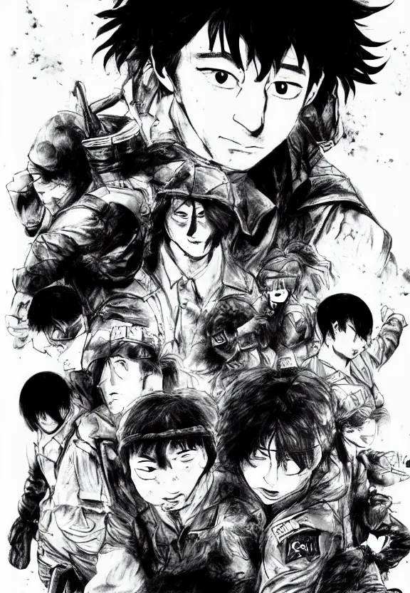 Image similar to manga about jackie chan as a soldier with ptsd, by kentaro miura