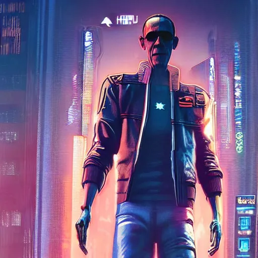 Prompt: Cybernetic Obama in cyberpunk 2077 box art, portrait photo