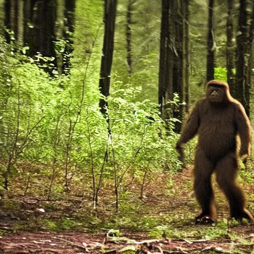 Prompt: big foot in the middle of the forest, blurry photo, very grainy, telephoto lens