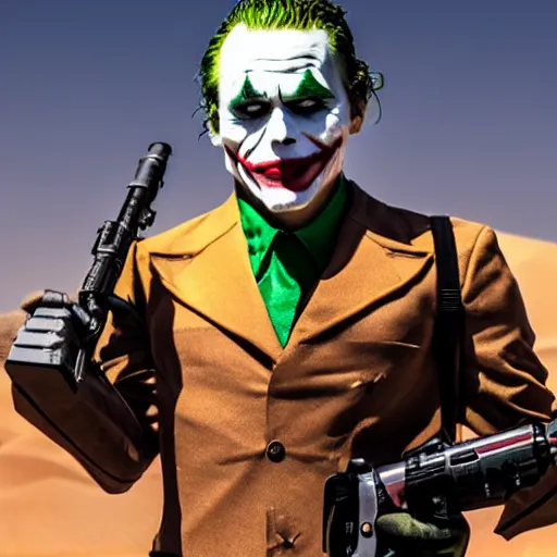 Prompt: A professional picture of the joker wearing a suit of T-51b power armor and holding a laser rifle in the desert, 8k, dslr, cinematic, depth of field,