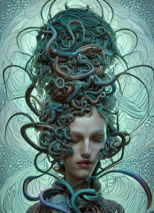 Image similar to medusa, subsurface scattering, wooden art nouveau swirls, strong subsurface scattering, cables, tubes, subsurface scattering, in the style of james jean and tomasz alen kopera and beeple, subsurface scattering, mystical colors, rim light, soft lighting, 8 k, stunning scene, raytracing, octane render, trending on artstation