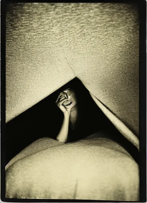 Prompt: a woman peeking out from under a blanket fort in the afternoon, flash polaroid photo by george hurrell, hazy light rays, golden hour