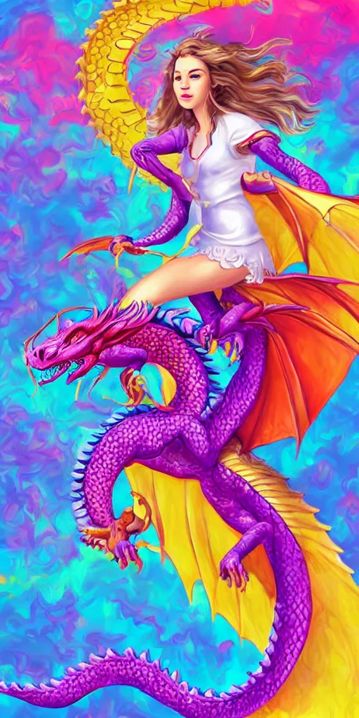 Prompt: teenage girl riding a dragon, digital art, highly detailed, smooth, lisa frank, digital painting, bright