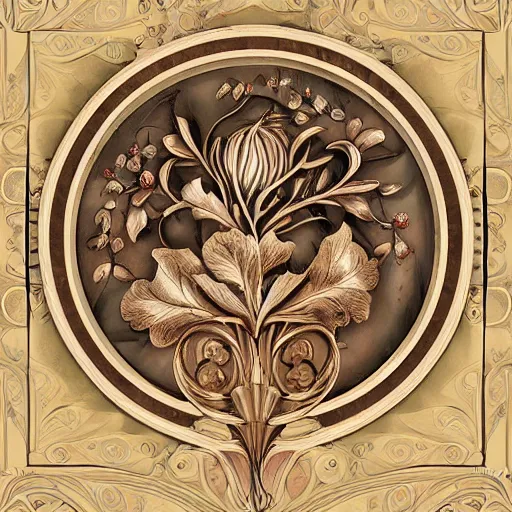 Prompt: beautiful classical holy decorative ornament, sacred acorn, acanthus scrolls, rose, lilies, ivy, energy, geometry, bones, petals, magnolia, flowers, stems, ceremonial clouds, fibonacci rhythm, artstation, artgerm, rutkowski, wlop