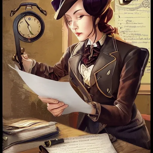 Image similar to a steampunk detective woman sitting in her office writing on a piece of paper | | cute - fine - face, pretty face, fine details by stanley artgerm lau, wlop, rossdraws, james jean, andrei riabovitchev, marc simonetti, and sakimichan, trending on artstation