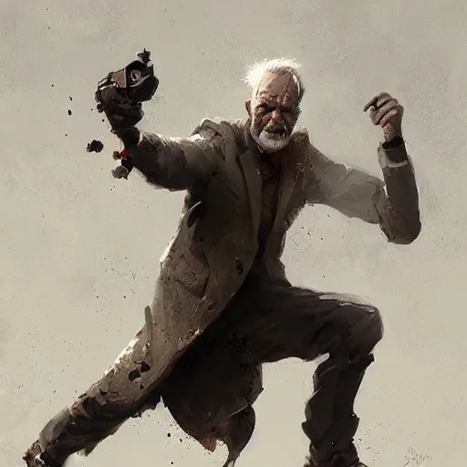 Image similar to old man, throwing hand grenade, greg rutkowski art