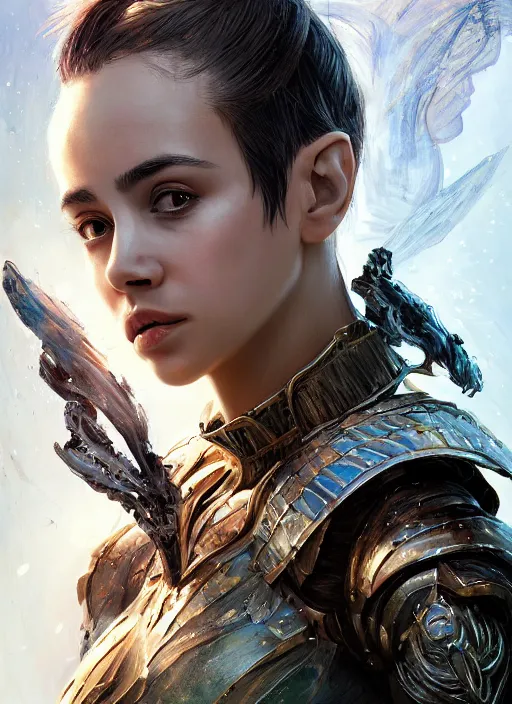 Image similar to a professional portrait of a beautiful young female, clothed in ethereal battle armor, olive skin, long dark hair, beautiful bone structure, symmetrical facial features, intricate, elegant, digital painting, concept art, smooth, sharp focus, finely detailed, illustration, from Valerian and the City of a Thousand Planets, in the style of Ruan Jia and Mandy Jurgens and Artgerm and Greg Rutkowski and William-Adolphe Bouguerea